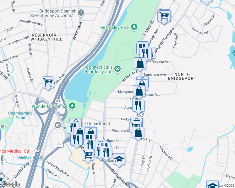 map of restaurants, bars, coffee shops, grocery stores, and more near 55 Livingston Place in Bridgeport