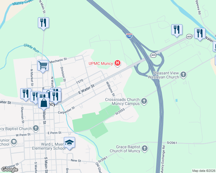map of restaurants, bars, coffee shops, grocery stores, and more near Griggs Alley in Muncy