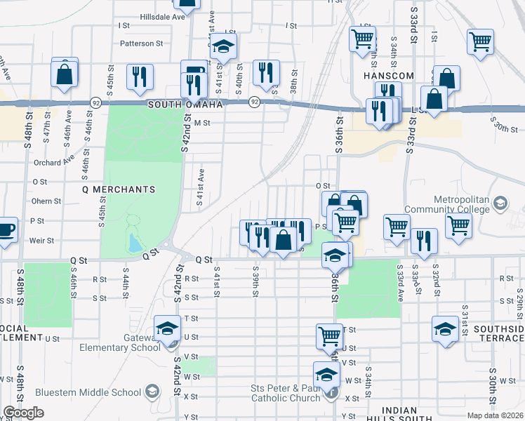 map of restaurants, bars, coffee shops, grocery stores, and more near 5024 South 39th Street in Omaha