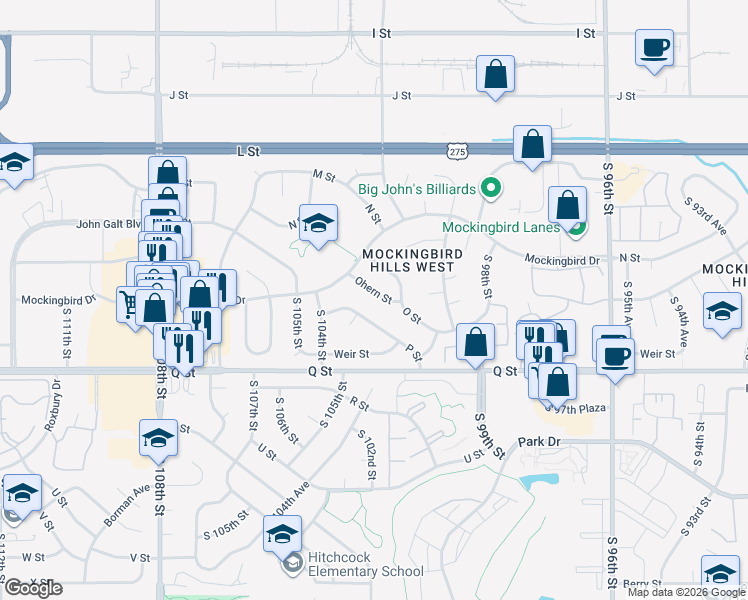 map of restaurants, bars, coffee shops, grocery stores, and more near 10224 Ohern Street in Omaha