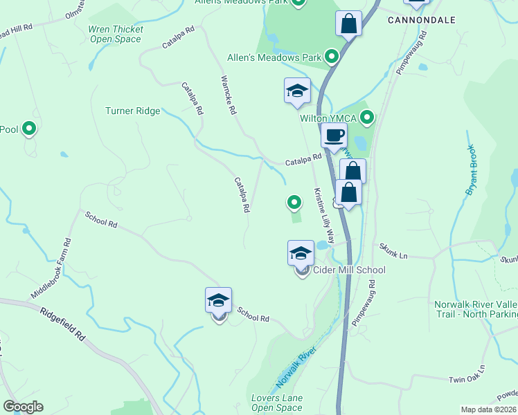 map of restaurants, bars, coffee shops, grocery stores, and more near 69 Catalpa Road in Wilton