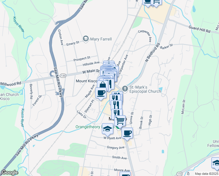 map of restaurants, bars, coffee shops, grocery stores, and more near 5 South Moger Avenue in Mount Kisco