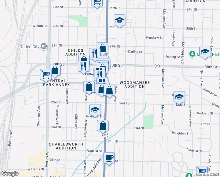 map of restaurants, bars, coffee shops, grocery stores, and more near 3120 Washington Boulevard in Ogden