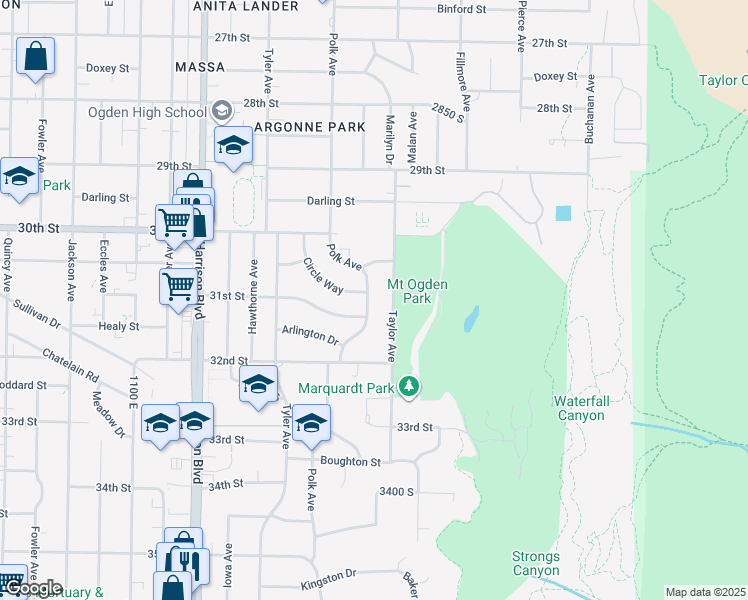 map of restaurants, bars, coffee shops, grocery stores, and more near 3054 Polk Avenue in Ogden