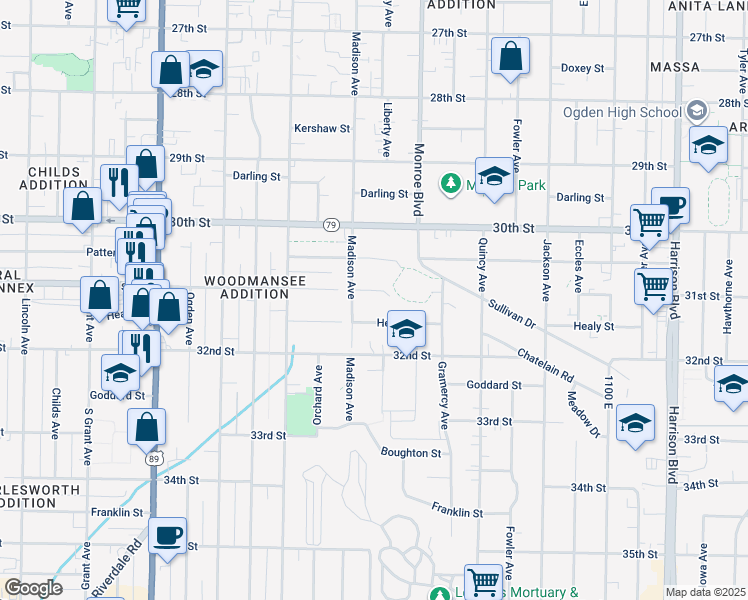 map of restaurants, bars, coffee shops, grocery stores, and more near 725 31st Street in Ogden