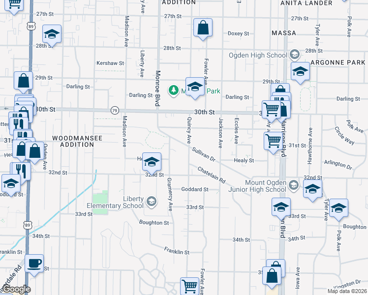 map of restaurants, bars, coffee shops, grocery stores, and more near 3085 Quincy Avenue in Ogden
