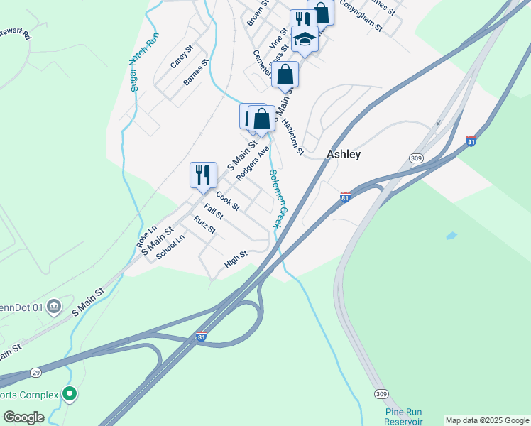 map of restaurants, bars, coffee shops, grocery stores, and more near 55 Wyoming Street in Ashley