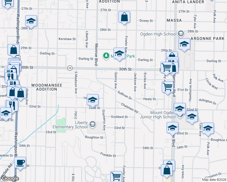 map of restaurants, bars, coffee shops, grocery stores, and more near 3085 Quincy Avenue in Ogden