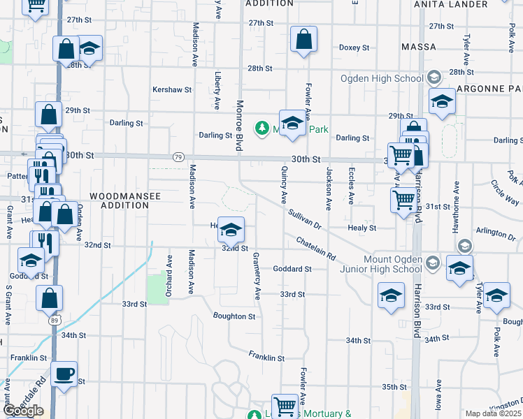 map of restaurants, bars, coffee shops, grocery stores, and more near 3092 Gramercy Avenue in Ogden