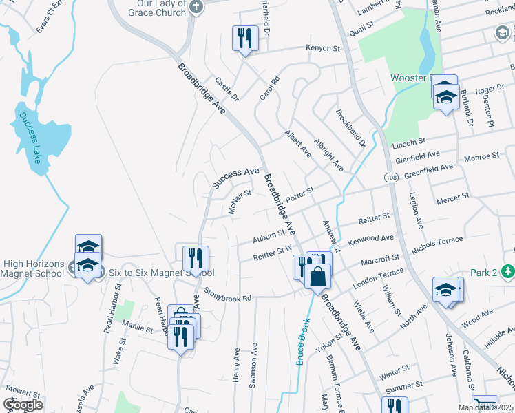 map of restaurants, bars, coffee shops, grocery stores, and more near 61 McNair Street in Stratford