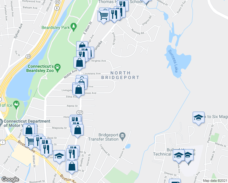 map of restaurants, bars, coffee shops, grocery stores, and more near 255 Texas Avenue in Bridgeport