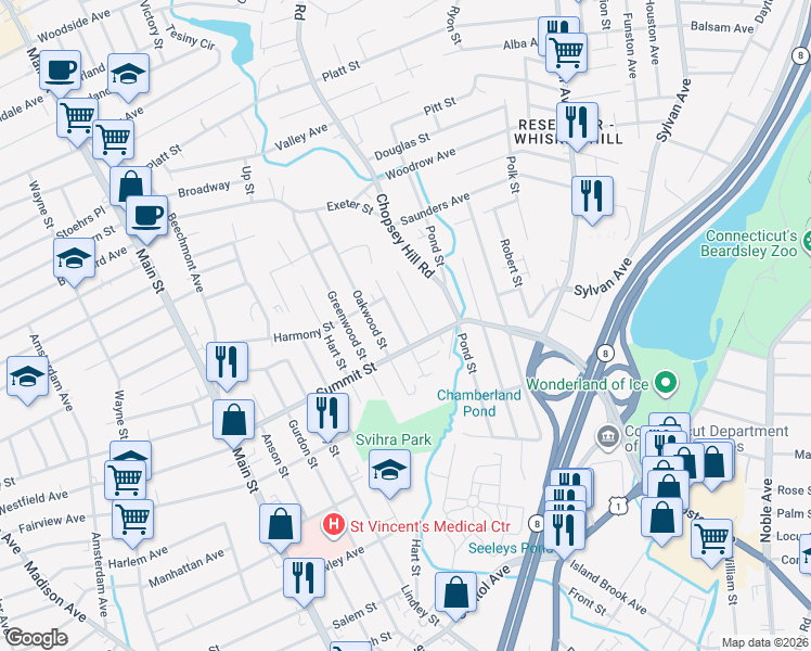 map of restaurants, bars, coffee shops, grocery stores, and more near 158 Infield Street in Bridgeport