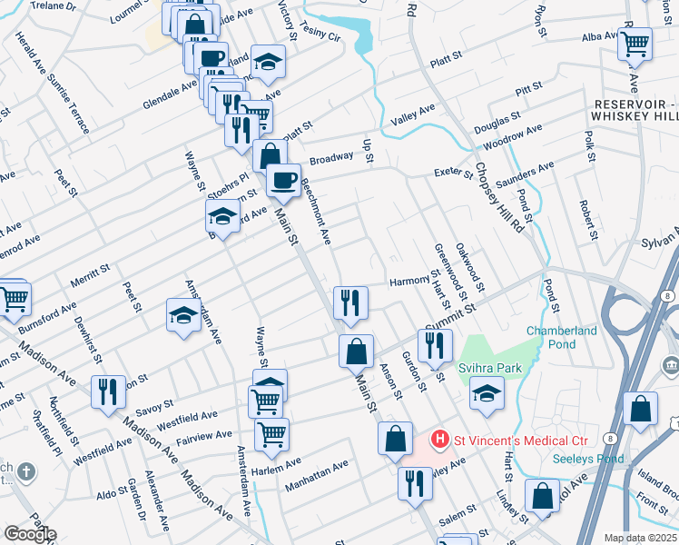 map of restaurants, bars, coffee shops, grocery stores, and more near 184 Beechmont Avenue in Bridgeport