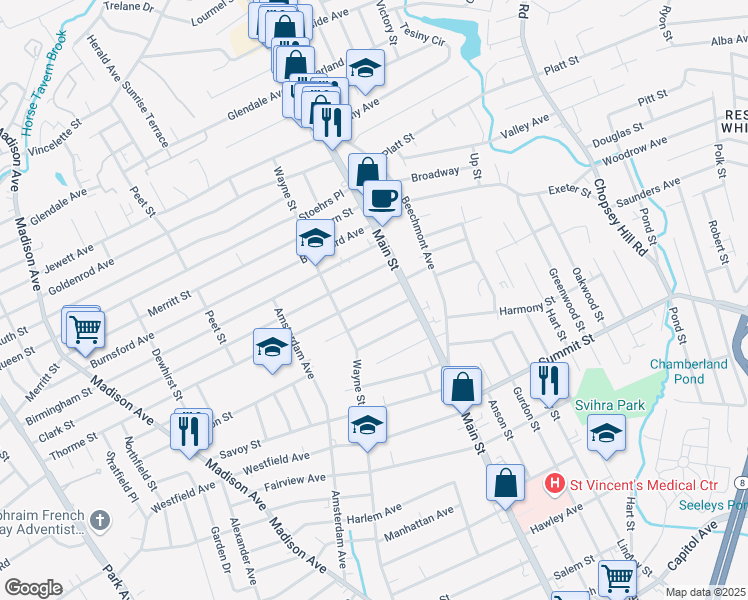 map of restaurants, bars, coffee shops, grocery stores, and more near 136 Thorme Street in Bridgeport