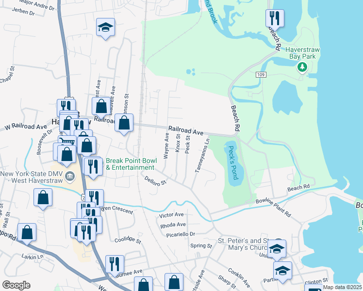 map of restaurants, bars, coffee shops, grocery stores, and more near 9 Peck Street in West Haverstraw