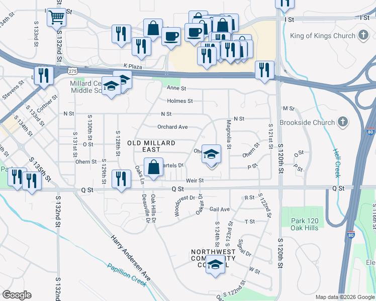 map of restaurants, bars, coffee shops, grocery stores, and more near 12544 Bartels Drive in Omaha