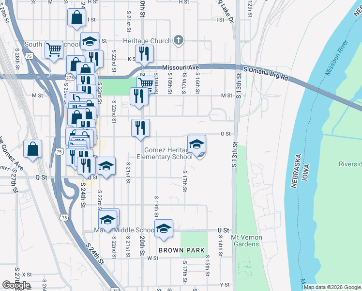 map of restaurants, bars, coffee shops, grocery stores, and more near 1705 O Street in Omaha