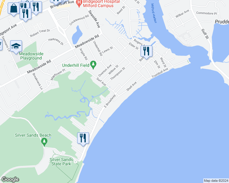 map of restaurants, bars, coffee shops, grocery stores, and more near 107 Mariners Walk in Milford