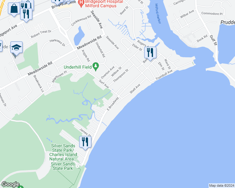 map of restaurants, bars, coffee shops, grocery stores, and more near 107 Mariners Walk in Milford