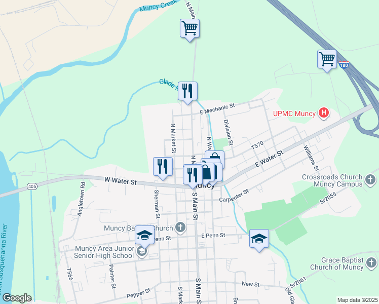 map of restaurants, bars, coffee shops, grocery stores, and more near 102 North Main Street in Muncy