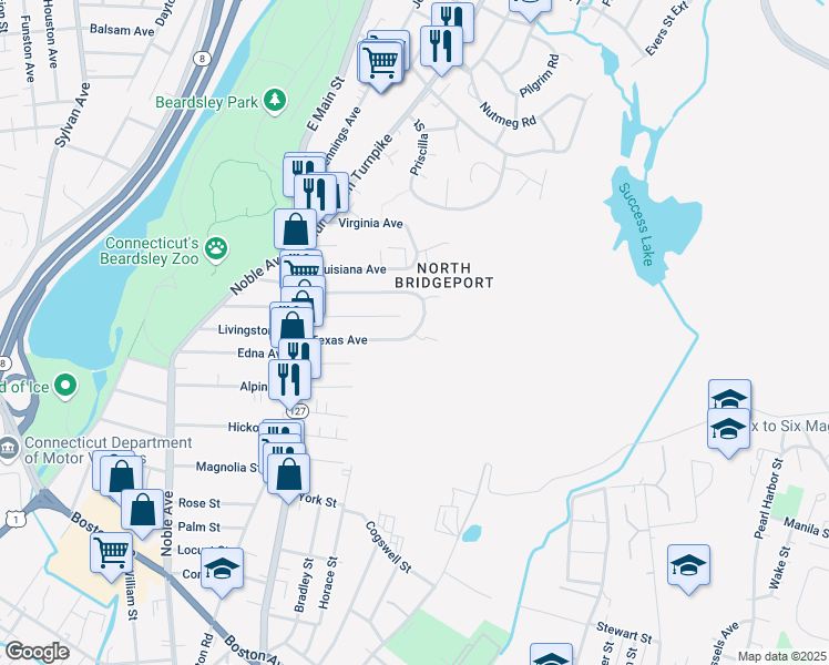 map of restaurants, bars, coffee shops, grocery stores, and more near 255 Texas Avenue in Bridgeport