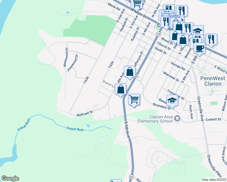 map of restaurants, bars, coffee shops, grocery stores, and more near 264-298 South 4th Avenue in Clarion