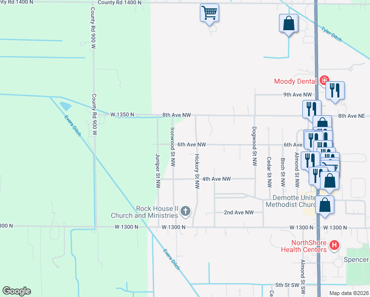 map of restaurants, bars, coffee shops, grocery stores, and more near 621 6th Avenue Northwest in De Motte