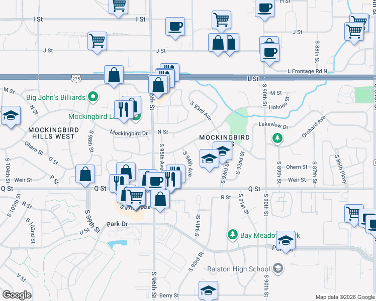 map of restaurants, bars, coffee shops, grocery stores, and more near 5012 South 94th Street in Omaha
