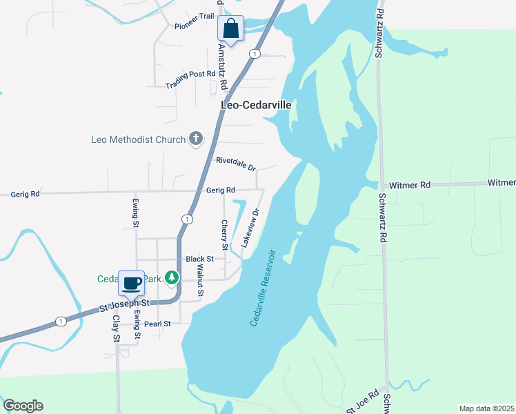 map of restaurants, bars, coffee shops, grocery stores, and more near Lakeview Drive in Leo-Cedarville
