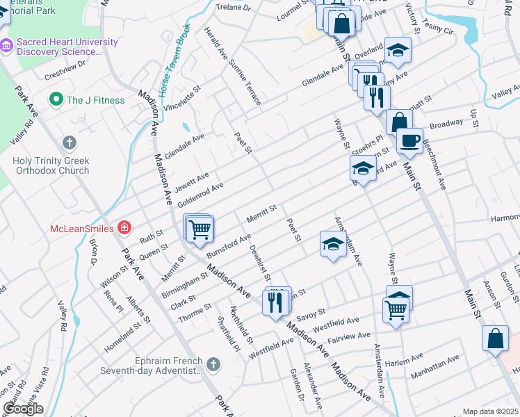 map of restaurants, bars, coffee shops, grocery stores, and more near 497 Queen Street in Bridgeport