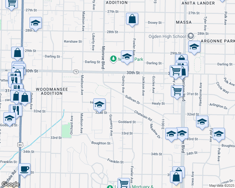 map of restaurants, bars, coffee shops, grocery stores, and more near 3085 Quincy Avenue in Ogden