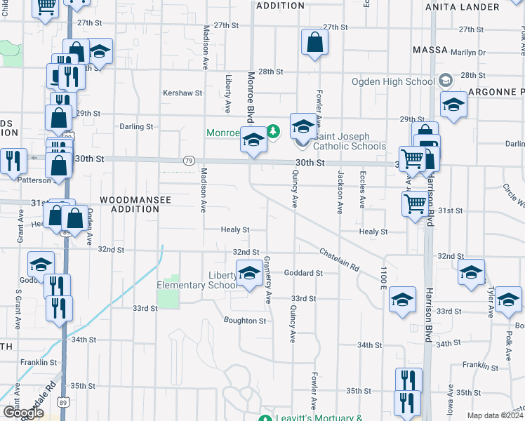 map of restaurants, bars, coffee shops, grocery stores, and more near 3092 Gramercy Avenue in Ogden