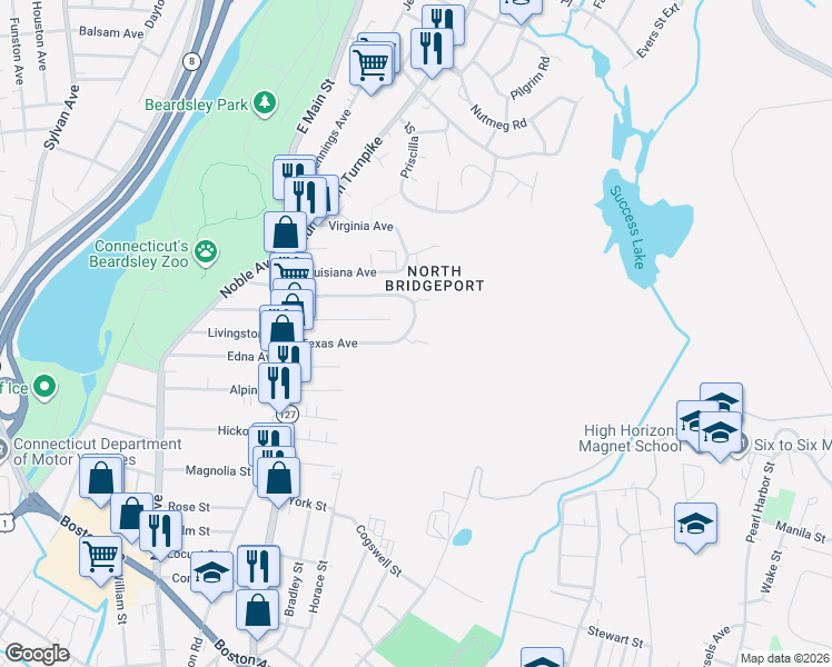 map of restaurants, bars, coffee shops, grocery stores, and more near 255 Texas Avenue in Bridgeport