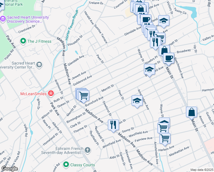map of restaurants, bars, coffee shops, grocery stores, and more near 497 Queen Street in Bridgeport