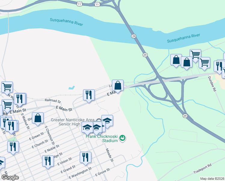 map of restaurants, bars, coffee shops, grocery stores, and more near 1 Division St in Nanticoke