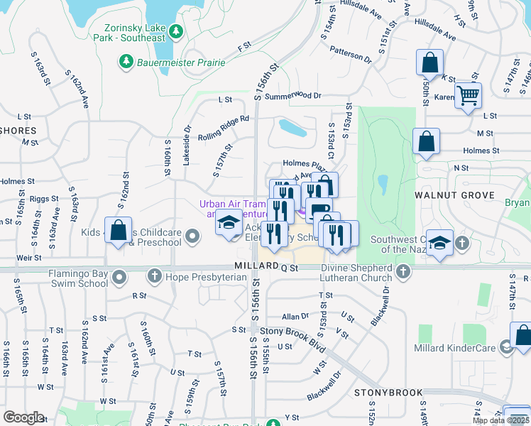 map of restaurants, bars, coffee shops, grocery stores, and more near 5030 South 155th Street in Omaha
