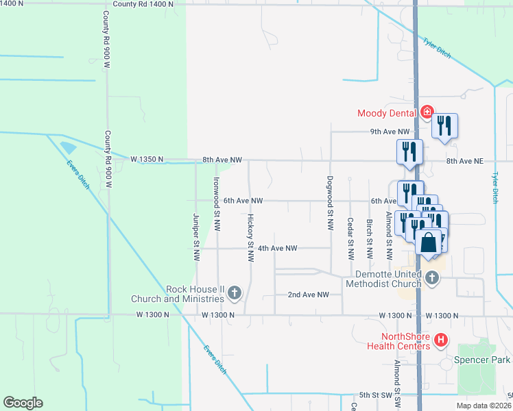 map of restaurants, bars, coffee shops, grocery stores, and more near 621 6th Avenue Northwest in De Motte