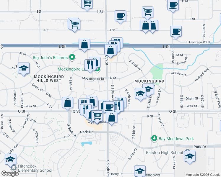 map of restaurants, bars, coffee shops, grocery stores, and more near 4930 South 95th Avenue in Ralston