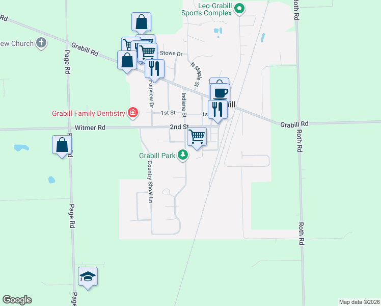 map of restaurants, bars, coffee shops, grocery stores, and more near 13225 West St in Grabill