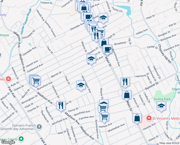 map of restaurants, bars, coffee shops, grocery stores, and more near in Bridgeport