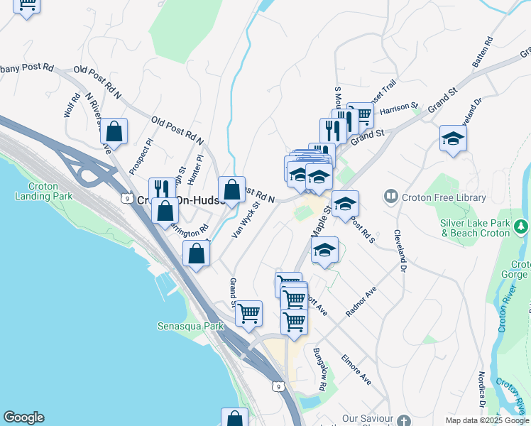 map of restaurants, bars, coffee shops, grocery stores, and more near 95 Grand Street in Croton-on-Hudson