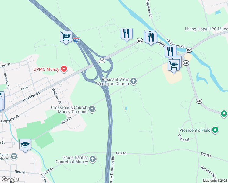 map of restaurants, bars, coffee shops, grocery stores, and more near 801-899 E Penn St in Muncy