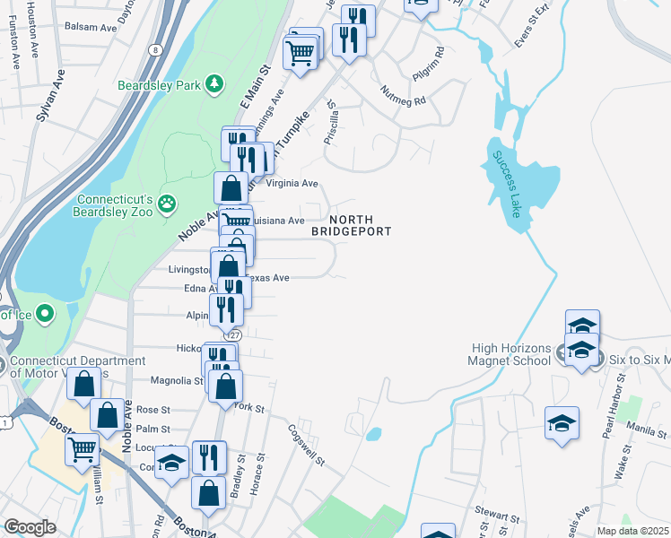 map of restaurants, bars, coffee shops, grocery stores, and more near 255 Texas Avenue in Bridgeport