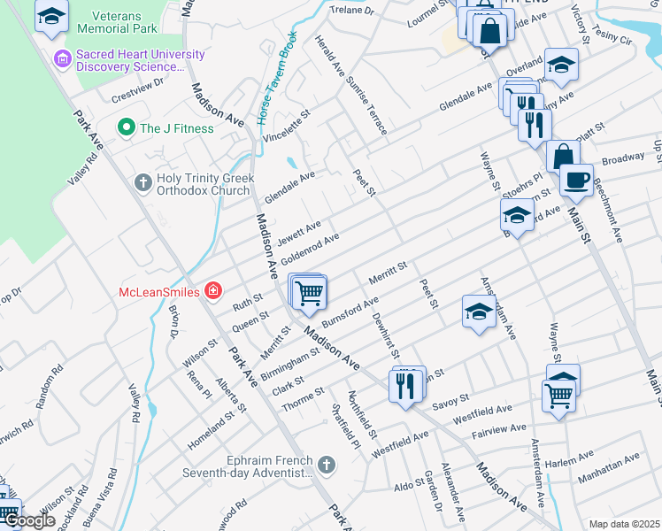map of restaurants, bars, coffee shops, grocery stores, and more near 545 Ruth Street in Bridgeport