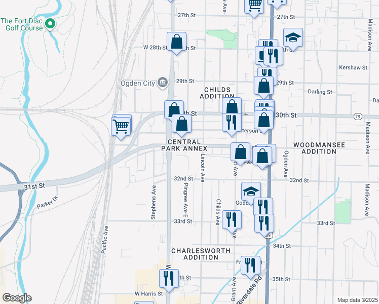 map of restaurants, bars, coffee shops, grocery stores, and more near 127 Utah 79 in Ogden
