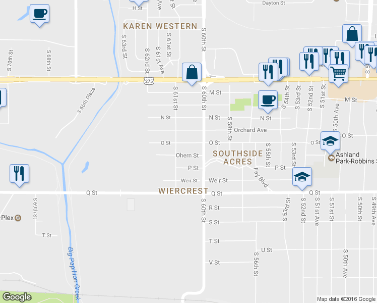 map of restaurants, bars, coffee shops, grocery stores, and more near 6014 Ohern Street in Omaha