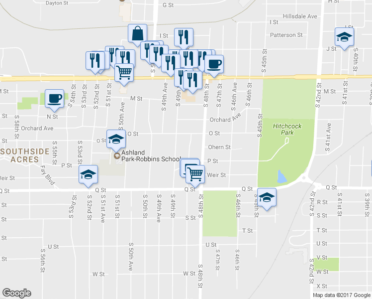 map of restaurants, bars, coffee shops, grocery stores, and more near 5032 South 48th Avenue in Omaha