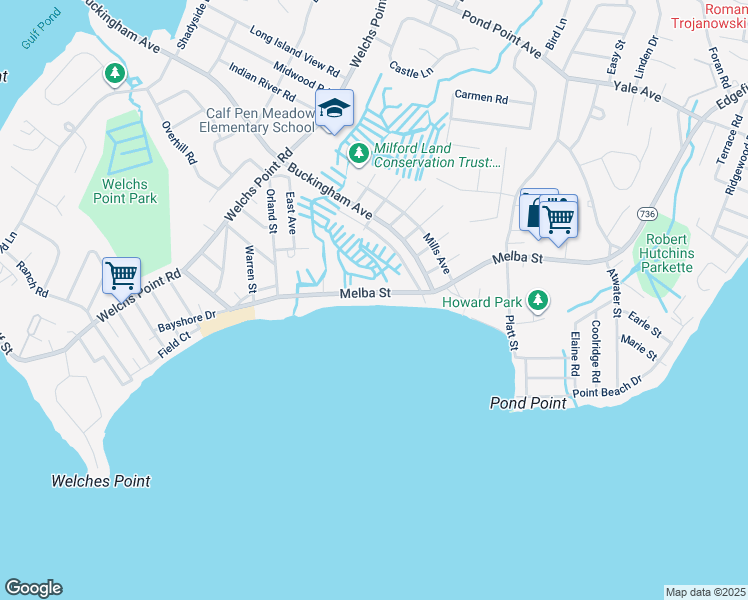 map of restaurants, bars, coffee shops, grocery stores, and more near 71 Melba Street in Milford