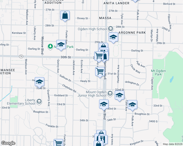map of restaurants, bars, coffee shops, grocery stores, and more near 3084 Van Buren Ave in Ogden