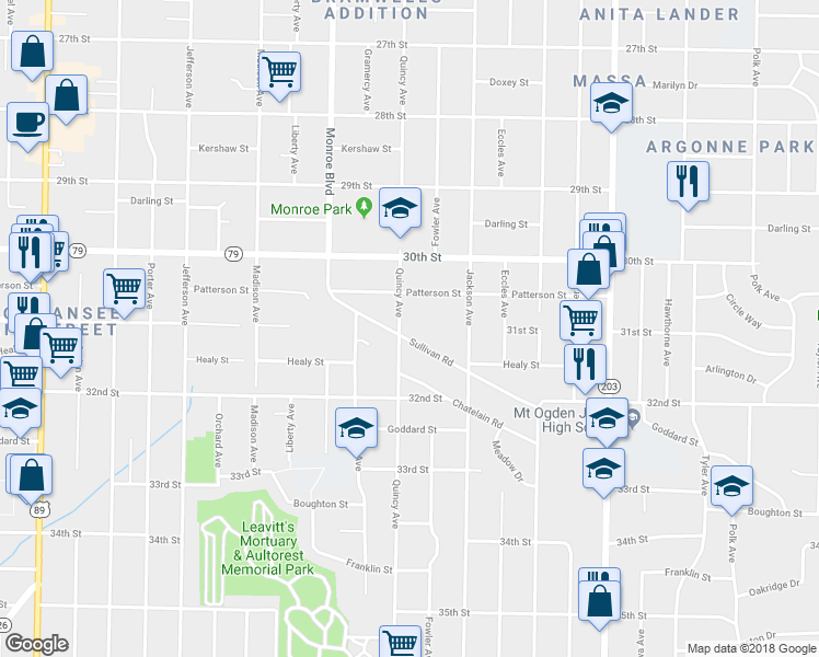 map of restaurants, bars, coffee shops, grocery stores, and more near 3085 Quincy Avenue in Ogden